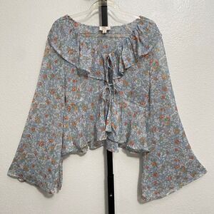 Women's Whimsical Floral Flare Sleeve Sheer Mesh Layering Babydoll Top Fairy